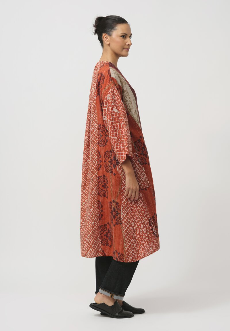 Mieko Mintz Cotton Kantha Kimono Coat in Red & Orange Mandala	