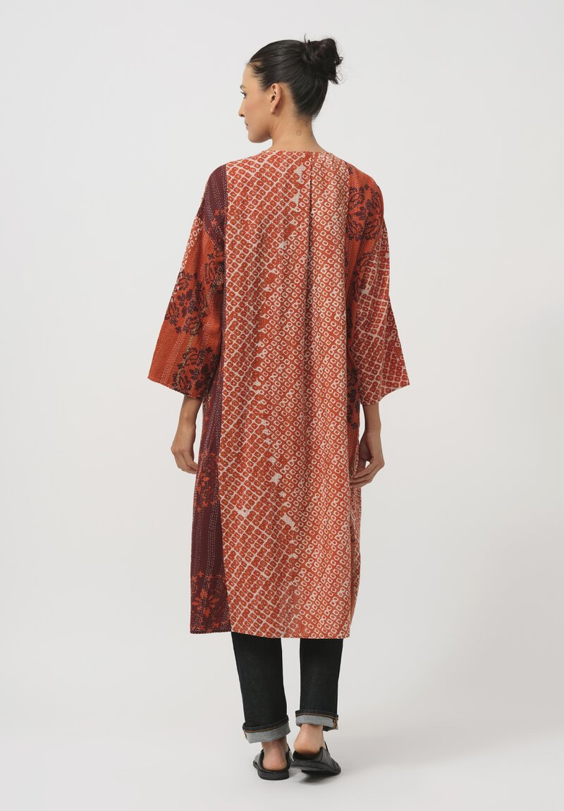 Mieko Mintz Cotton Kantha Kimono Coat in Red & Orange Mandala	