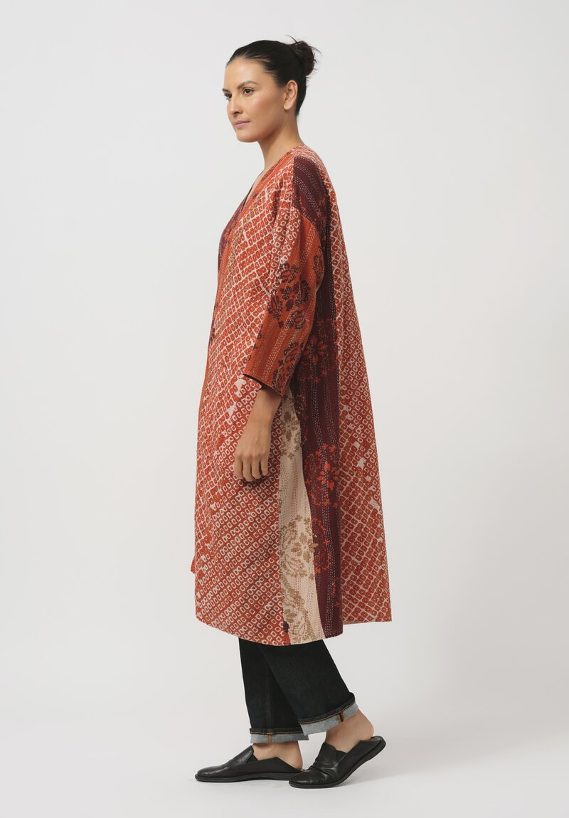 Mieko Mintz Cotton Kantha Kimono Coat in Red & Orange Mandala	