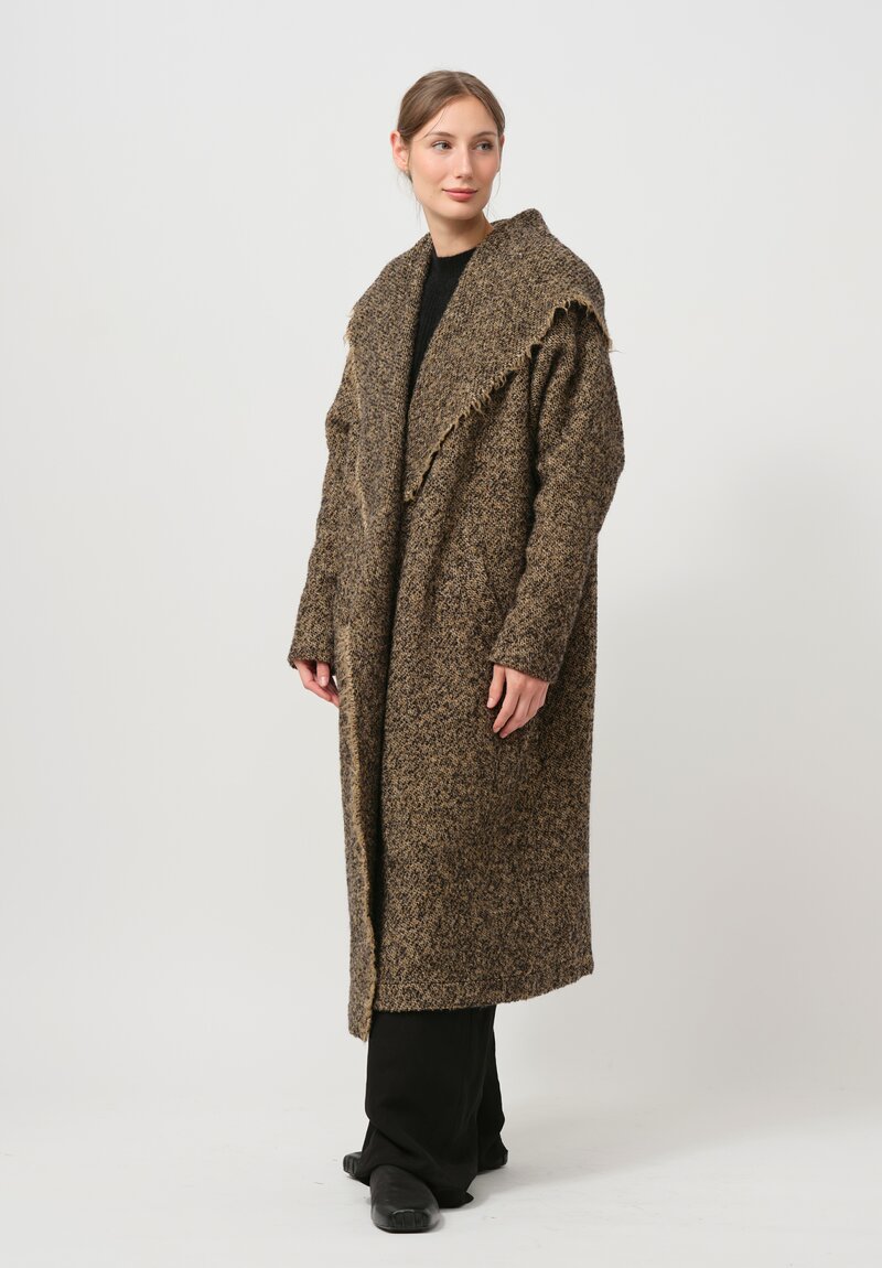 Uma Wang Hooded Cardigan Coat in Brown & Tan	