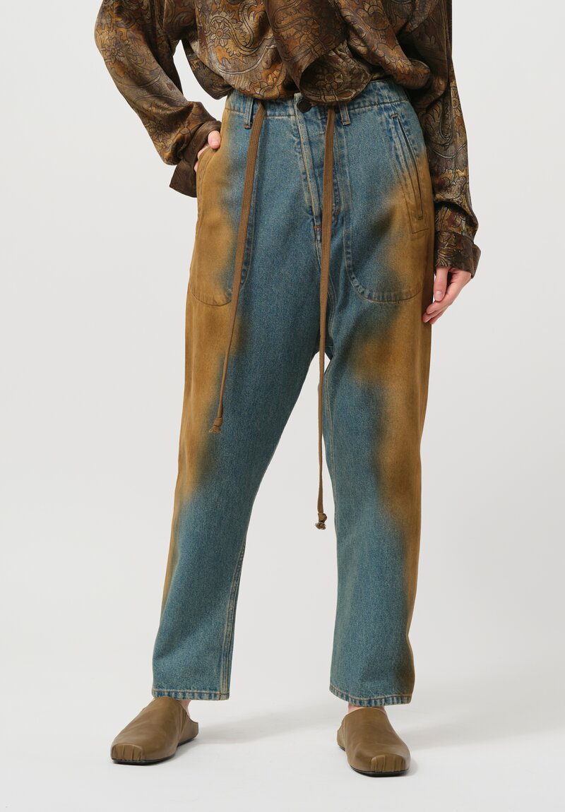 Uma Wang Distressed Cotton Pigiama Jeans in Blue & Brown	