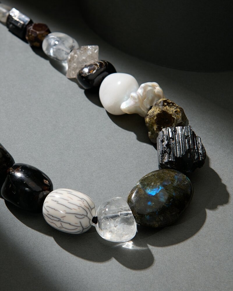 Monies Mountain Crystal, Tourmaline, Baroque Pearl, Labradorite & Agate Necklace	