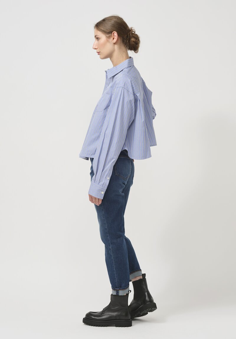 Sacai Cropped Cotton Poplin Split Pocket Shirt in Blue Stripes