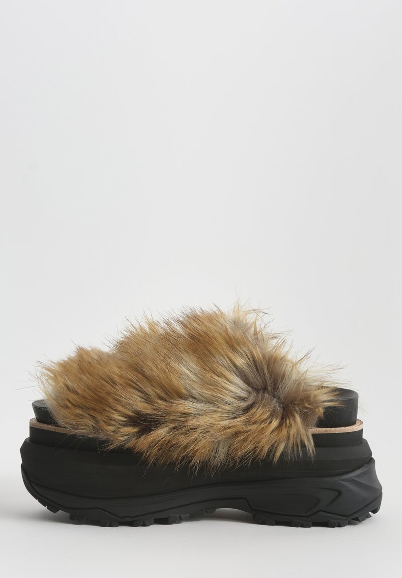 Sacai Faux Fur Platform Slides in Black & Brown	