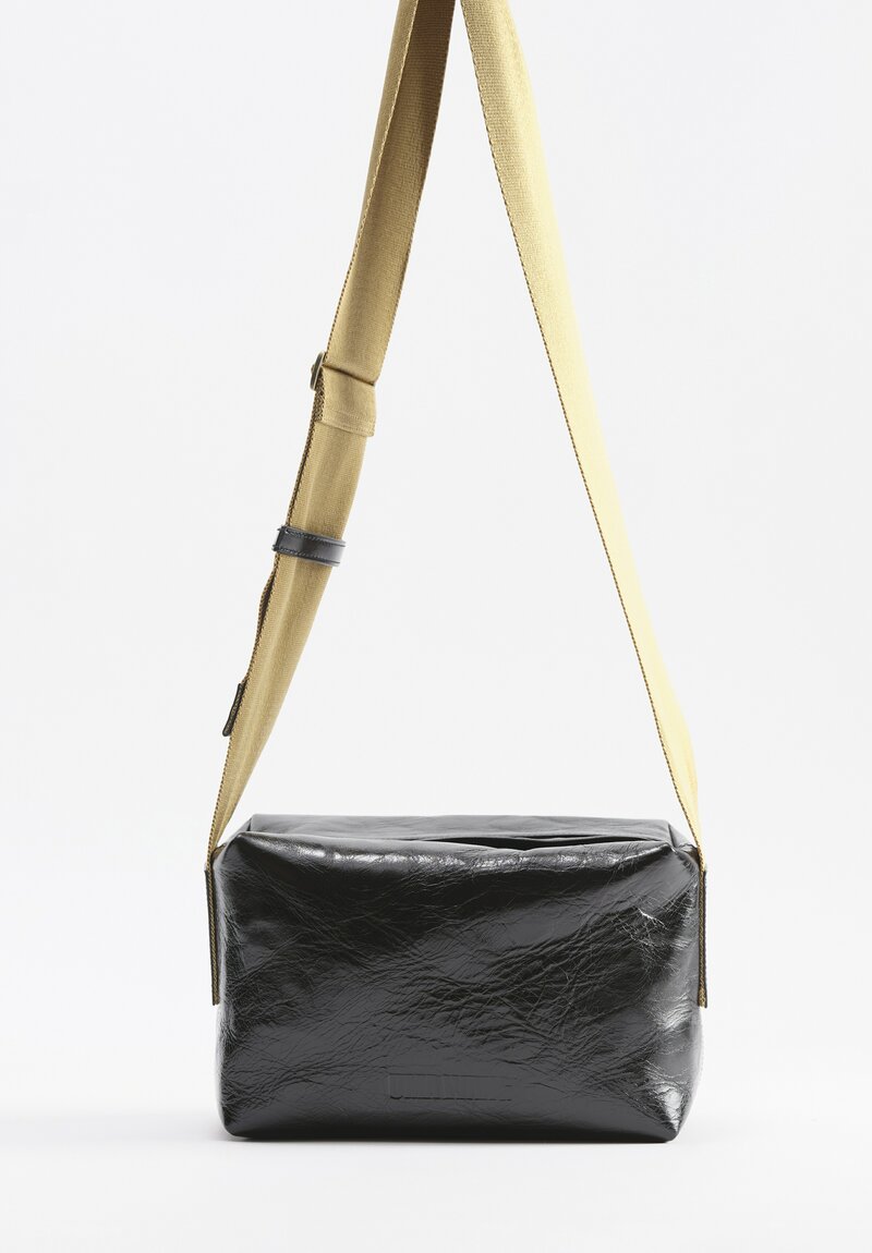 Uma Wang Medium Leather Shoulder Bag with Tan Camera Strap in Black	