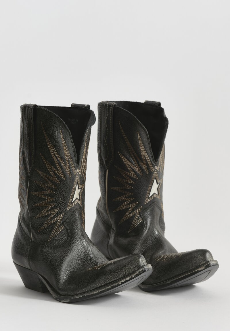 Golden Goose Wish Star Leather Cowboy Boot in Black, Ecru & Silver	