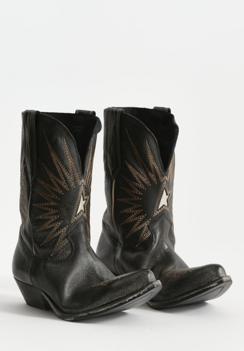 Golden Goose Wish Star Leather Cowboy Boot in Black, Ecru & Silver	