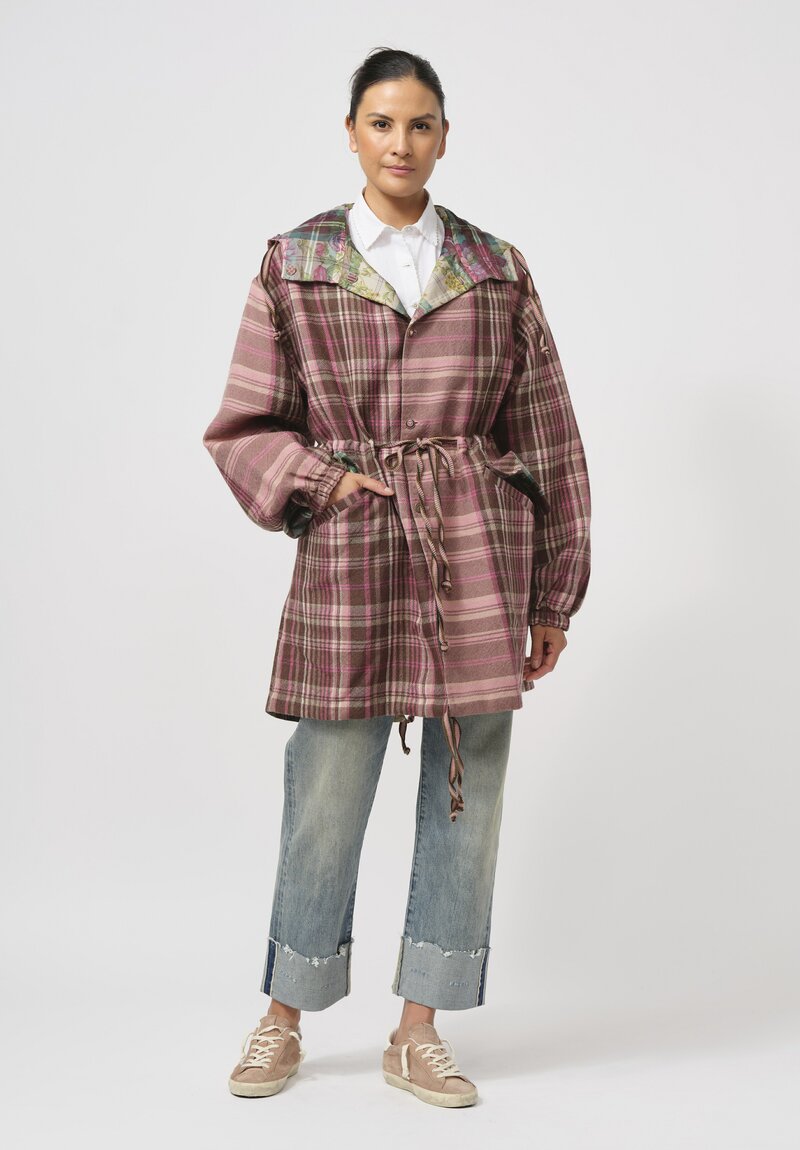 Péro Reversible Silk & Wool Anorak Coat in Pink & Brown Plaid	