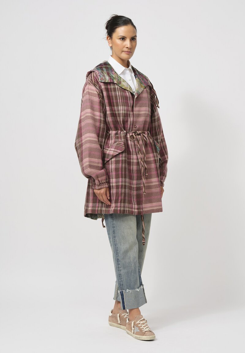 Péro Reversible Silk & Wool Anorak Coat in Pink & Brown Plaid	