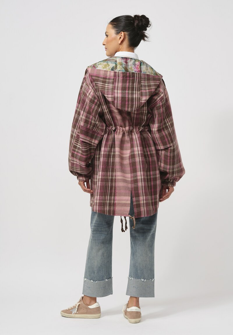 Péro Reversible Silk & Wool Anorak Coat in Pink & Brown Plaid	