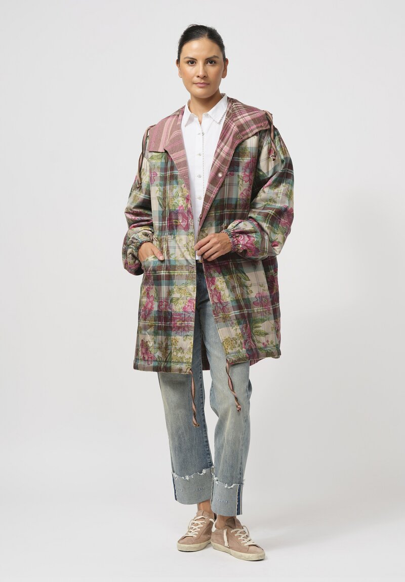 Péro Reversible Silk & Wool Anorak Coat in Pink & Brown Plaid	