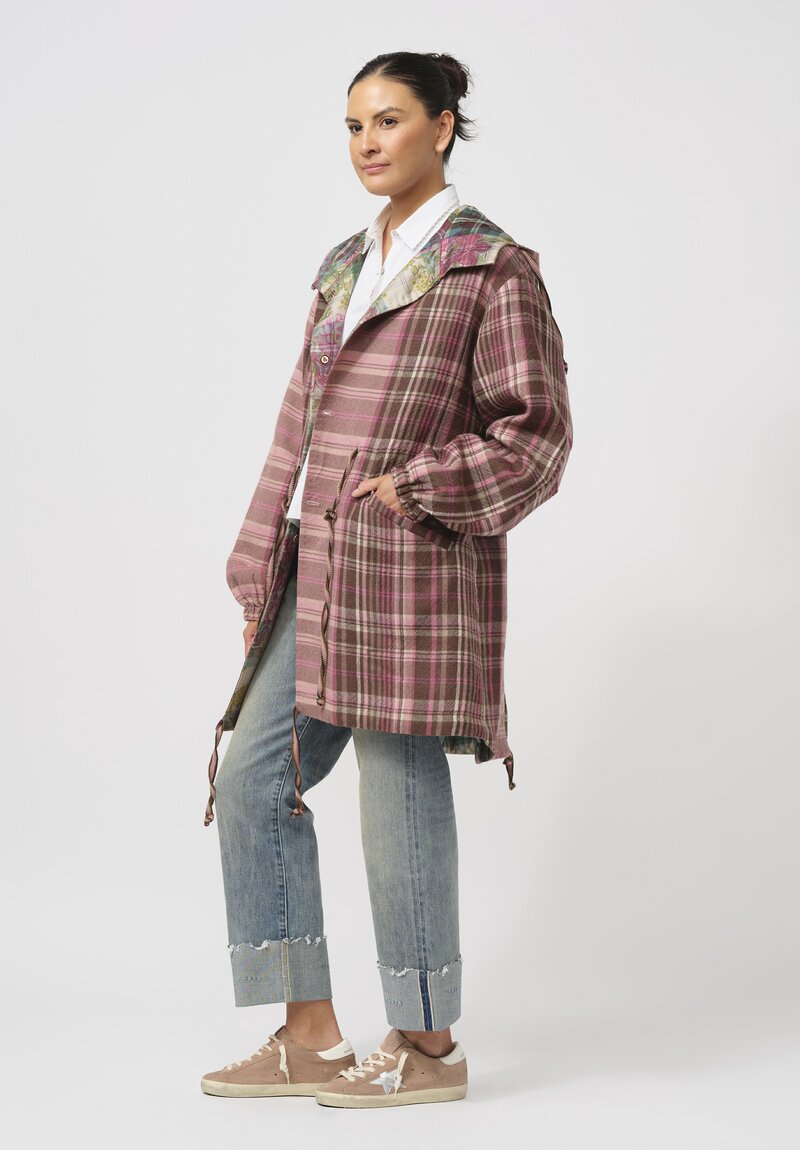 Péro Reversible Silk & Wool Anorak Coat in Pink & Brown Plaid	