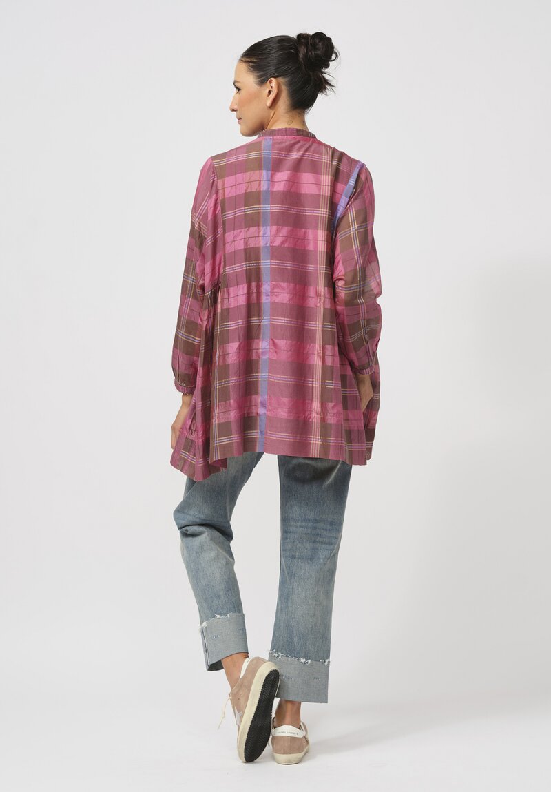 Péro Gathered Cotton & Silk Top in Pink & Brown Plaid	