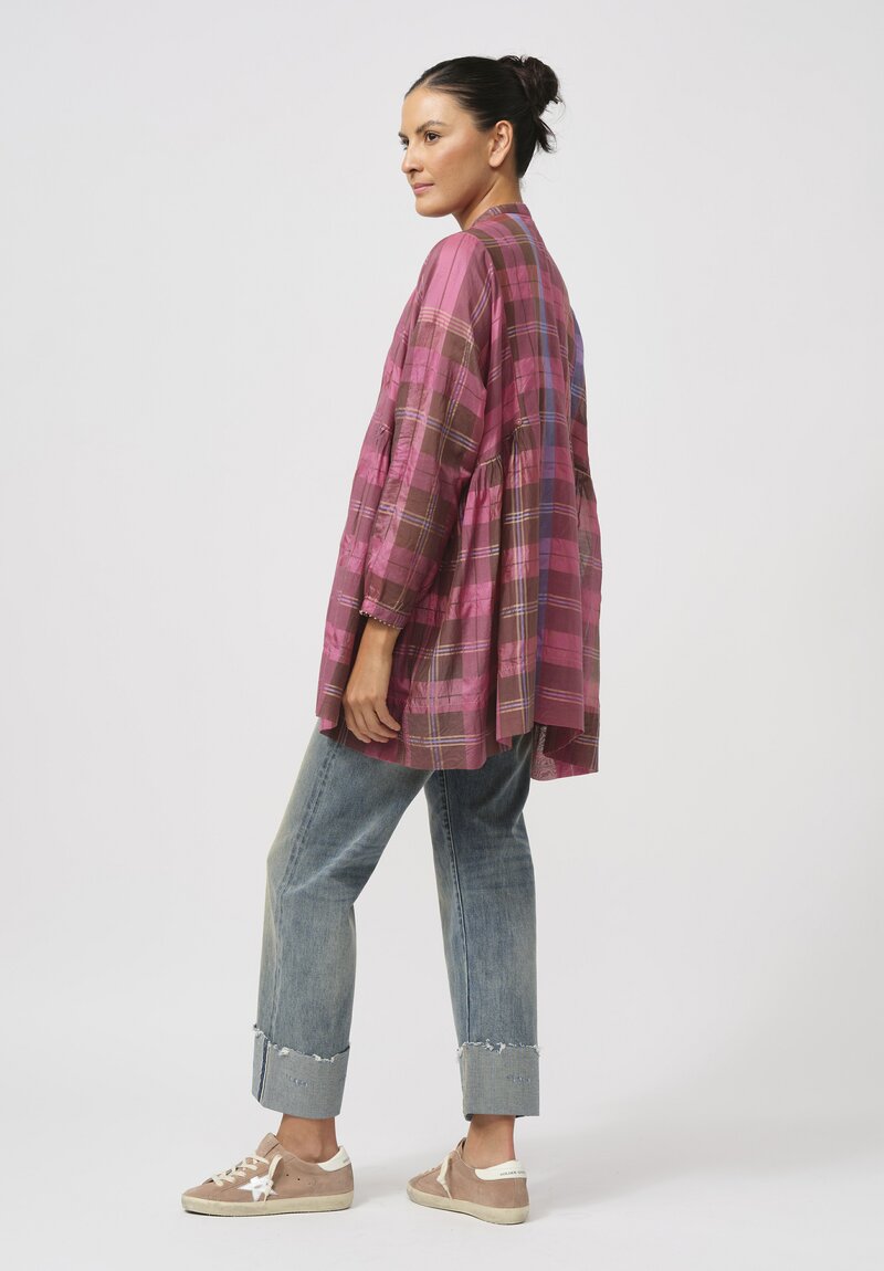 Péro Gathered Cotton & Silk Top in Pink & Brown Plaid	