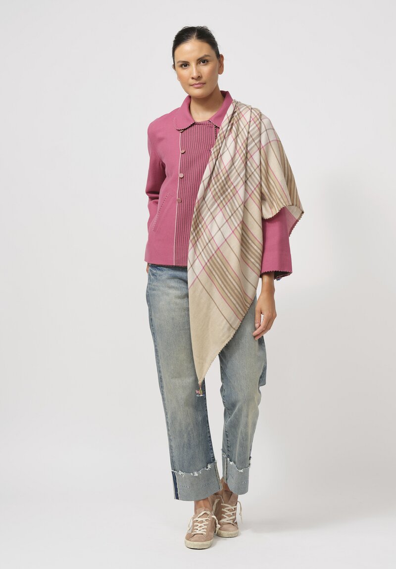 Péro Patterned Pashmina Shawl in Cream & Pink Plaid	