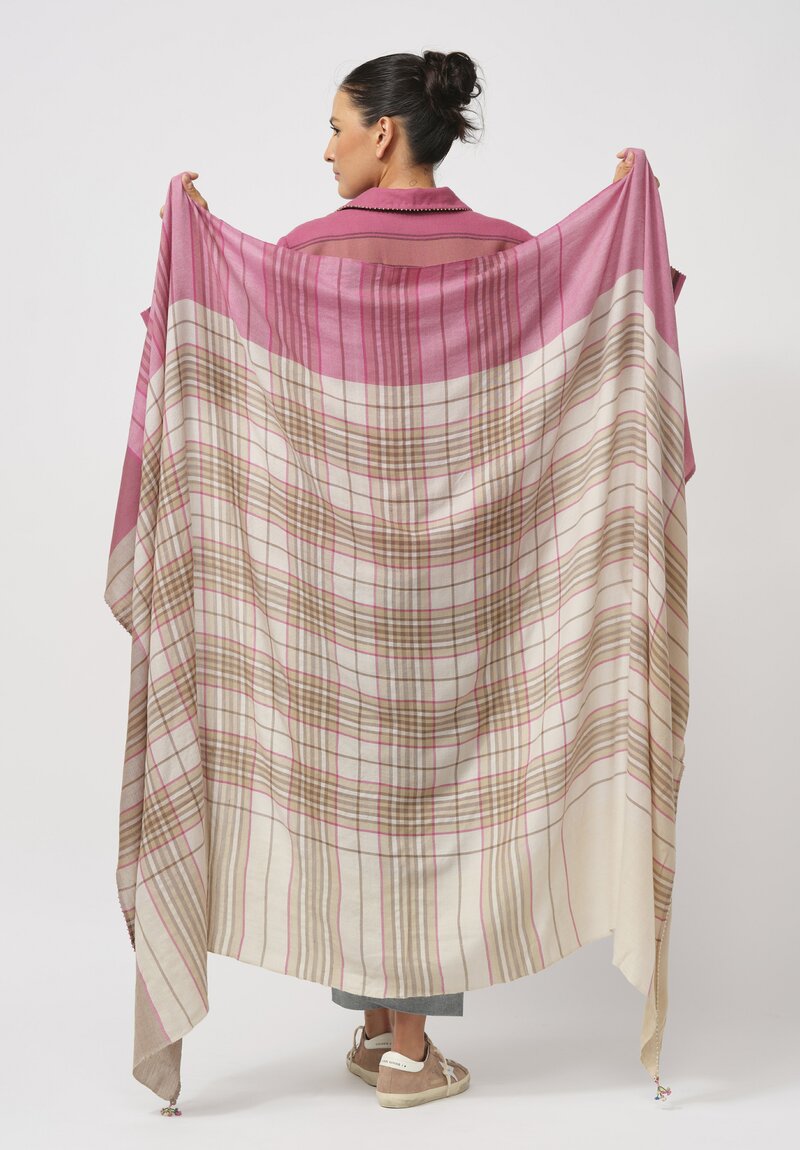 Péro Patterned Pashmina Scarf in Cream & Pink Plaid	