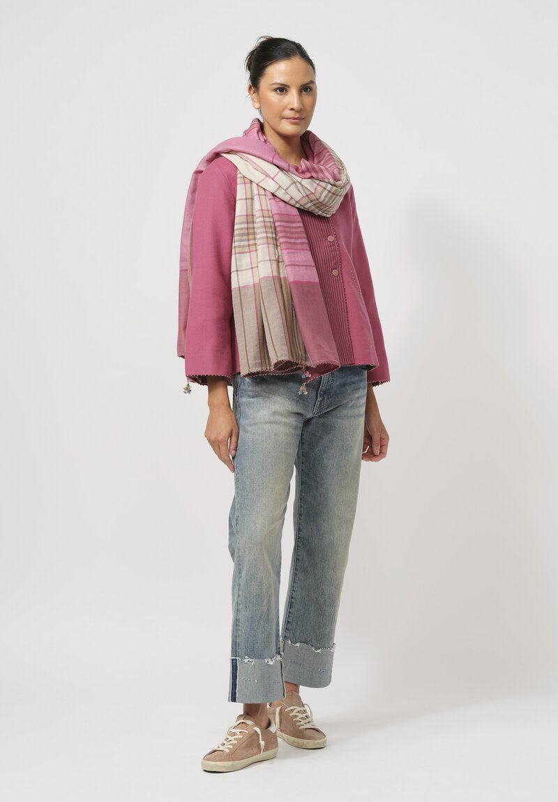 Péro Patterned Pashmina Scarf in Cream & Pink Plaid	