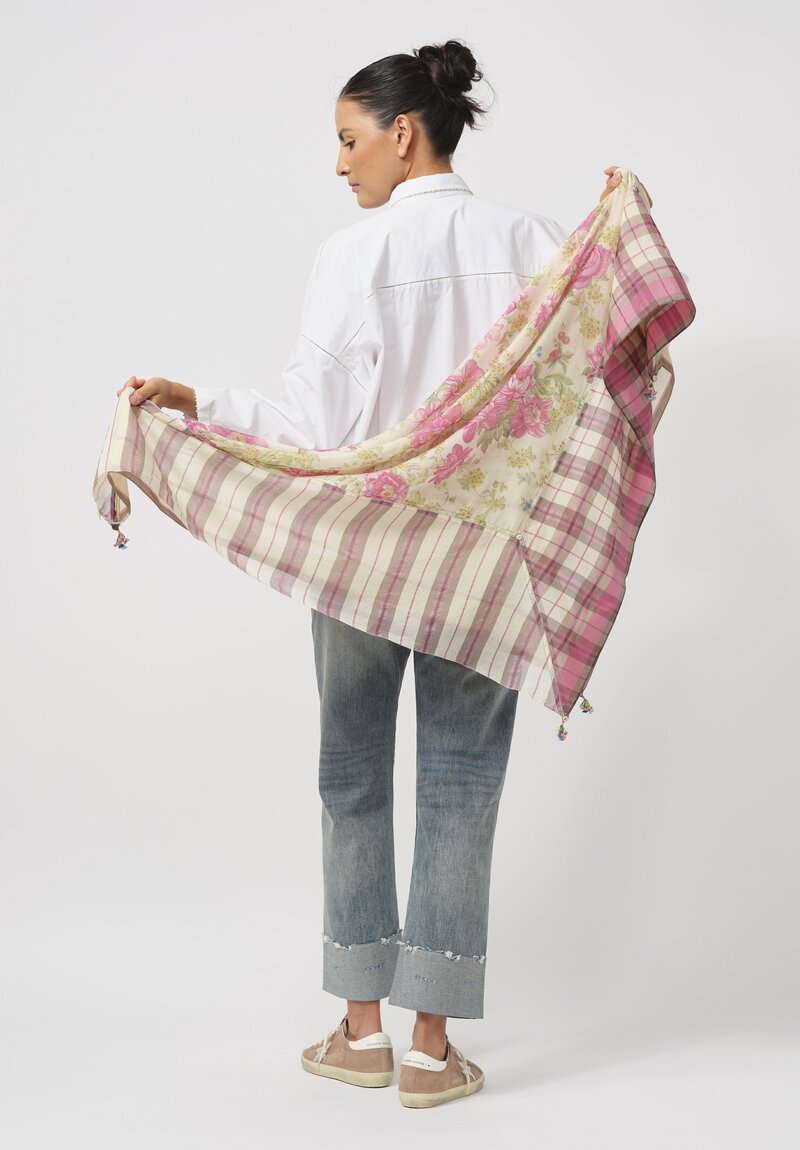 Péro Cotton & Silk Plaid Border Floral Scarf in Cream & Pink	