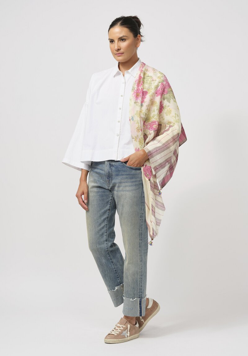 Péro Cotton & Silk Plaid Border Floral Scarf in Cream & Pink	