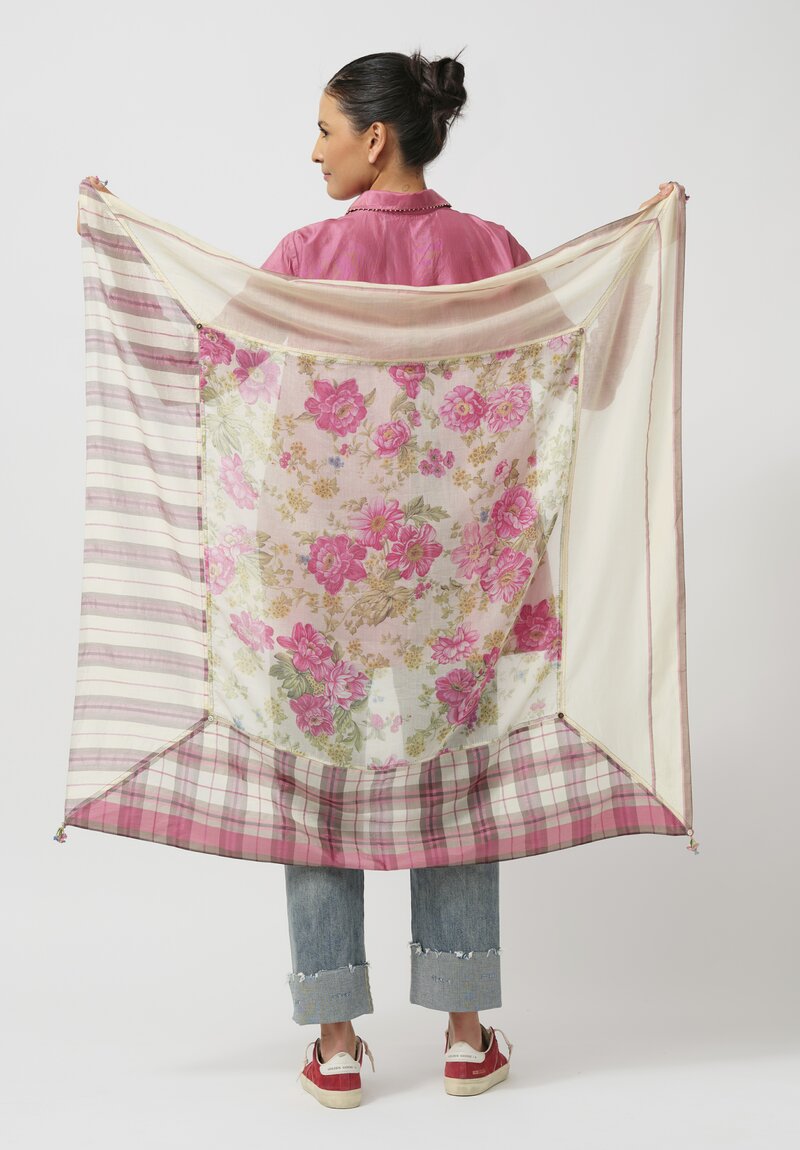 Péro Cotton & Silk Plaid Border Floral Scarf in Cream & Pink