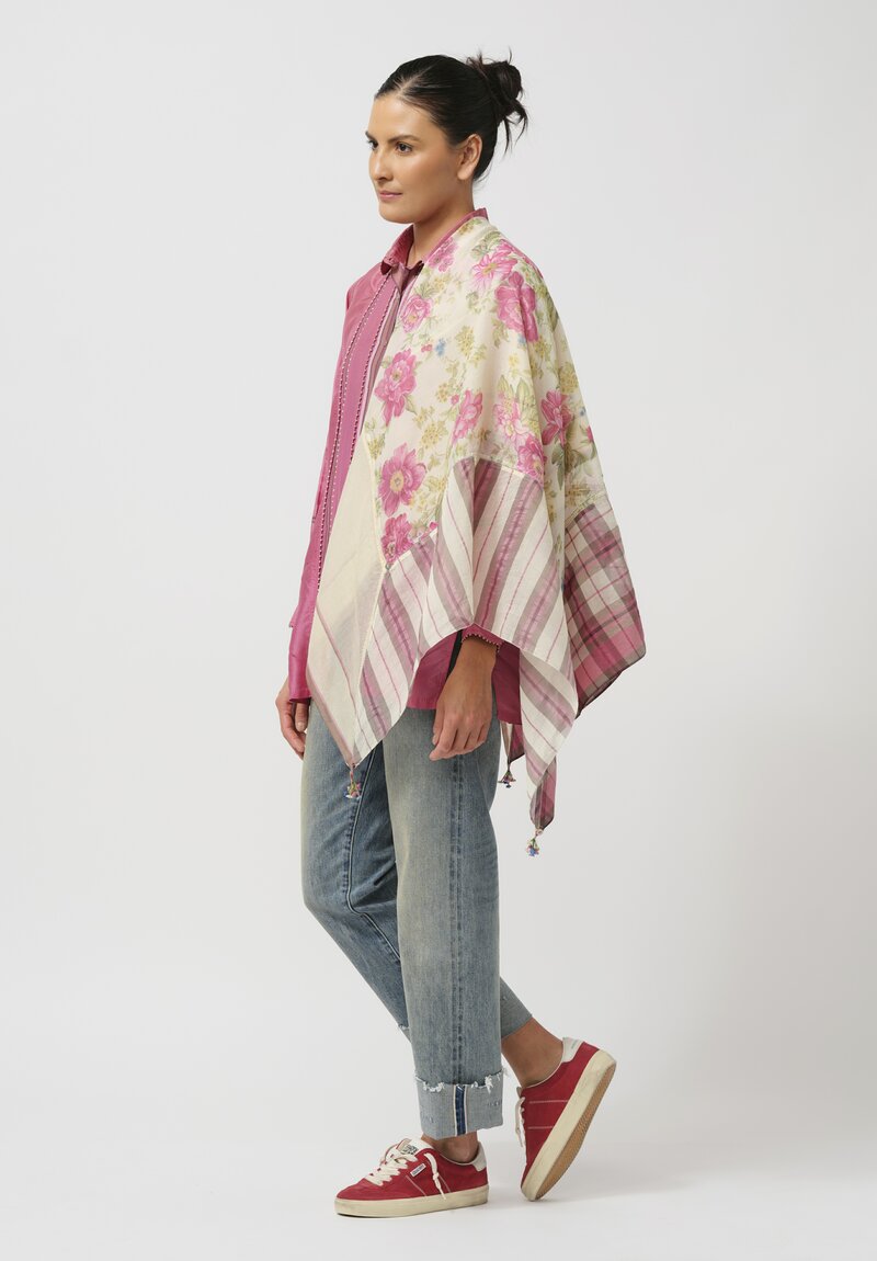 Péro Cotton & Silk Plaid Border Floral Scarf in Cream & Pink