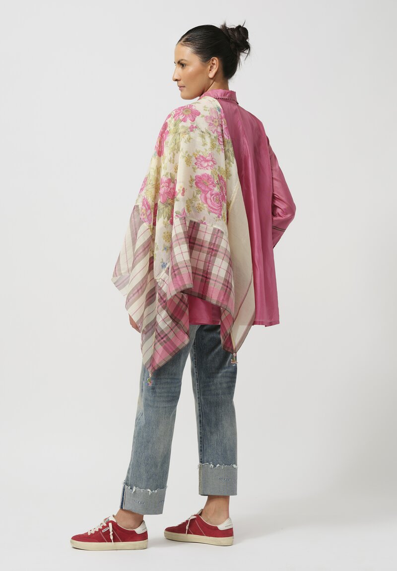 Péro Cotton & Silk Plaid Border Floral Scarf in Cream & Pink