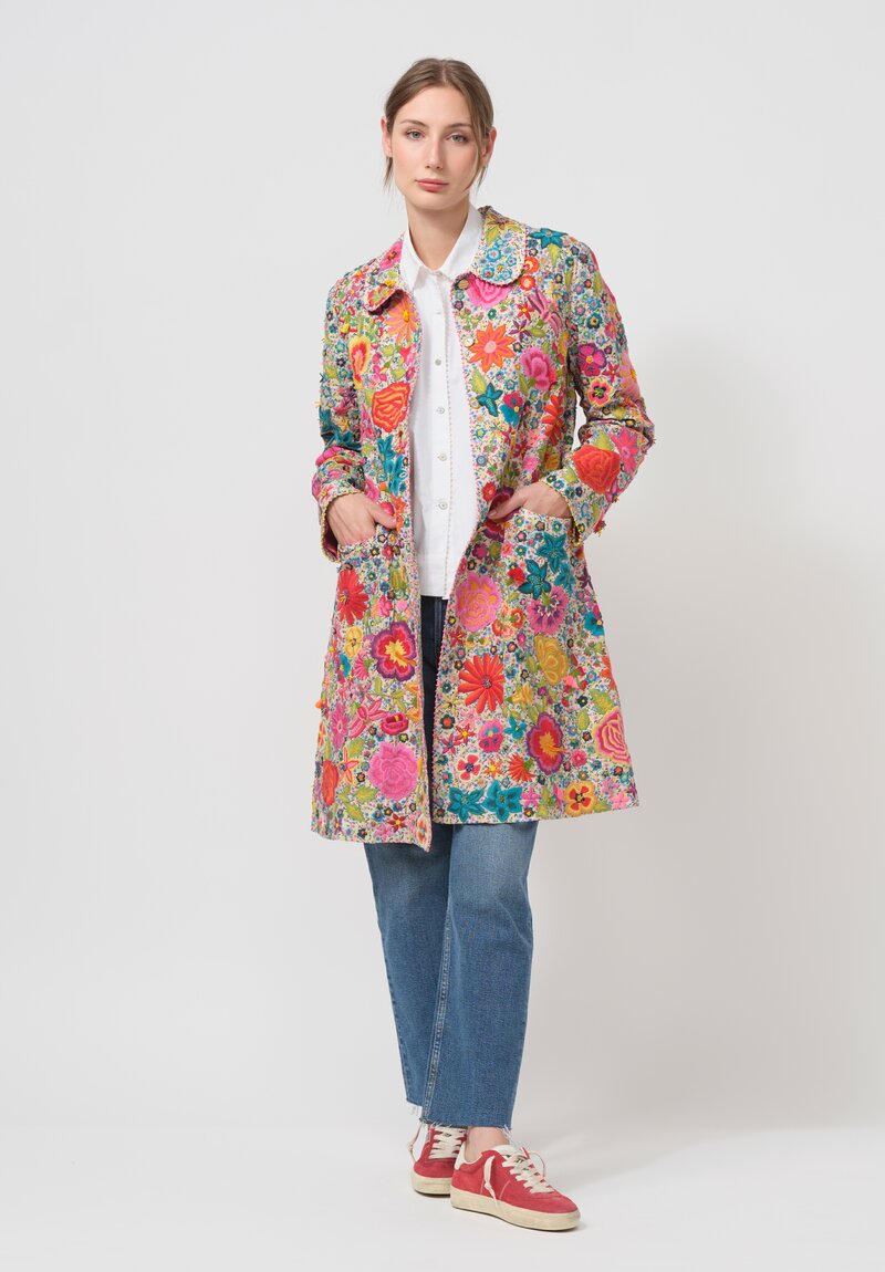 Péro Archival Cotton & Silk Embroidered Garden Coat c. 2015 in Pink & Blue Floral	