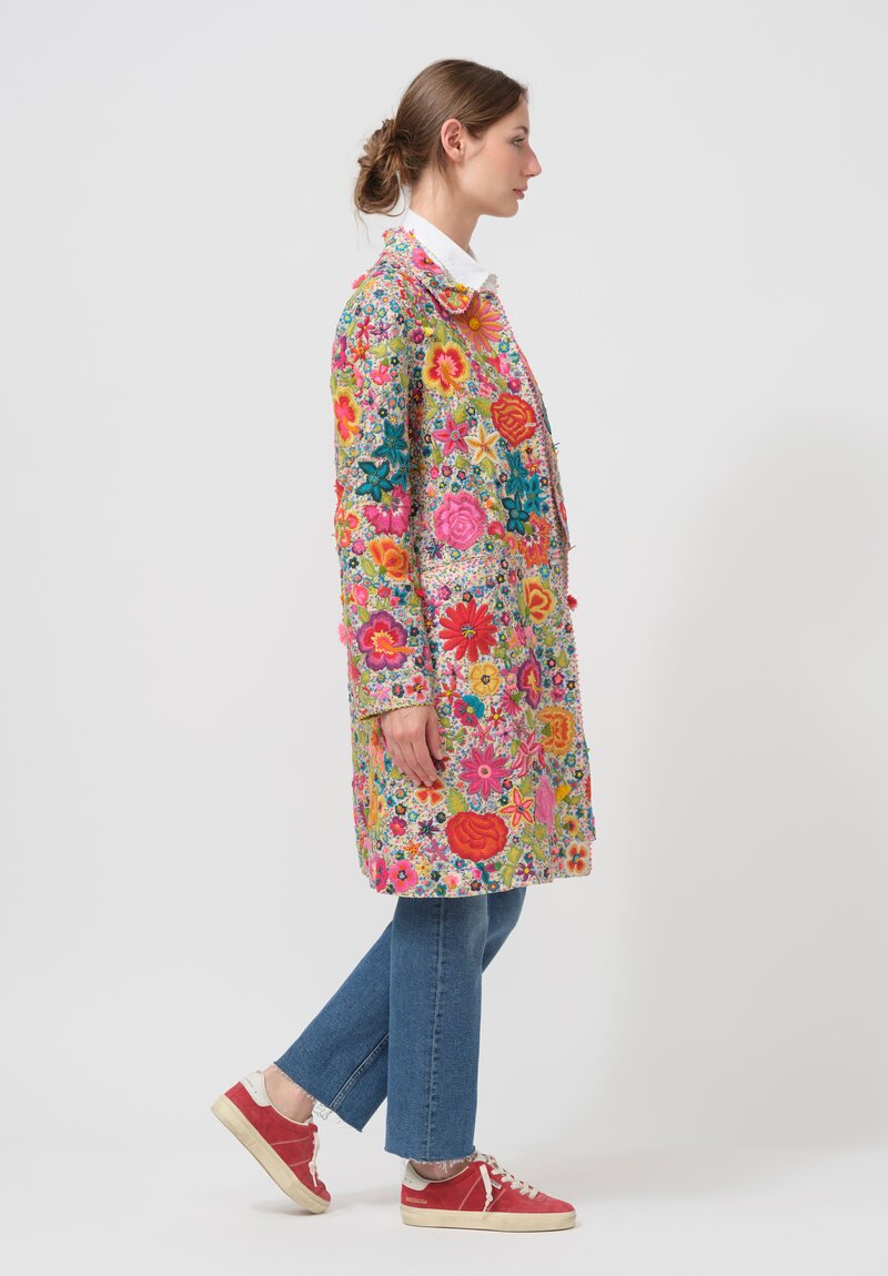 Péro Archival Cotton & Silk Embroidered Garden Coat c. 2015 in Pink & Blue Floral	