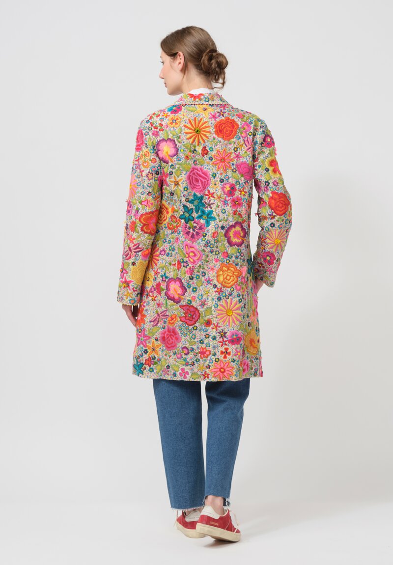 Péro Archival Cotton & Silk Embroidered Garden Coat c. 2015 in Pink & Blue Floral	