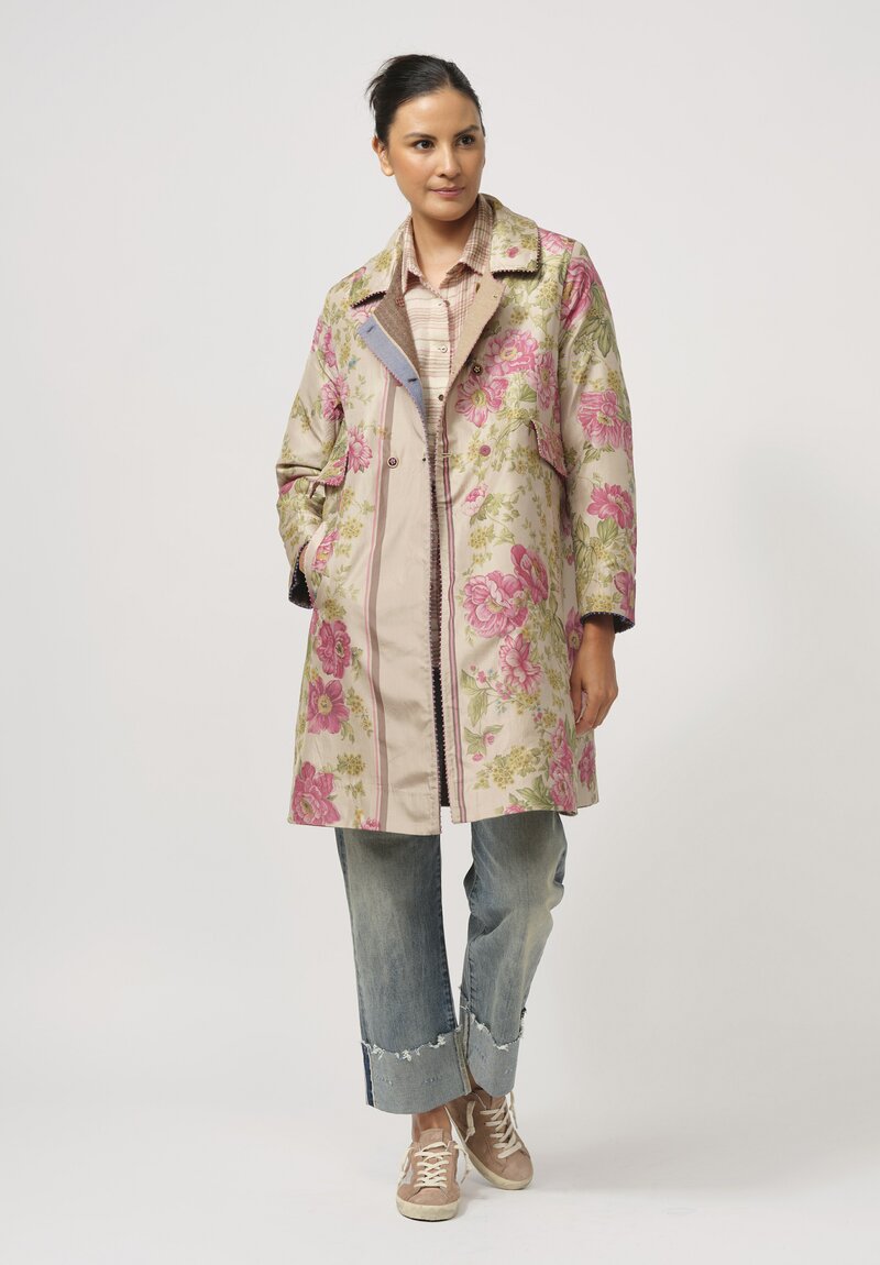 Péro Reversible Double-Breasted Coat in Brown & Cream Floral	