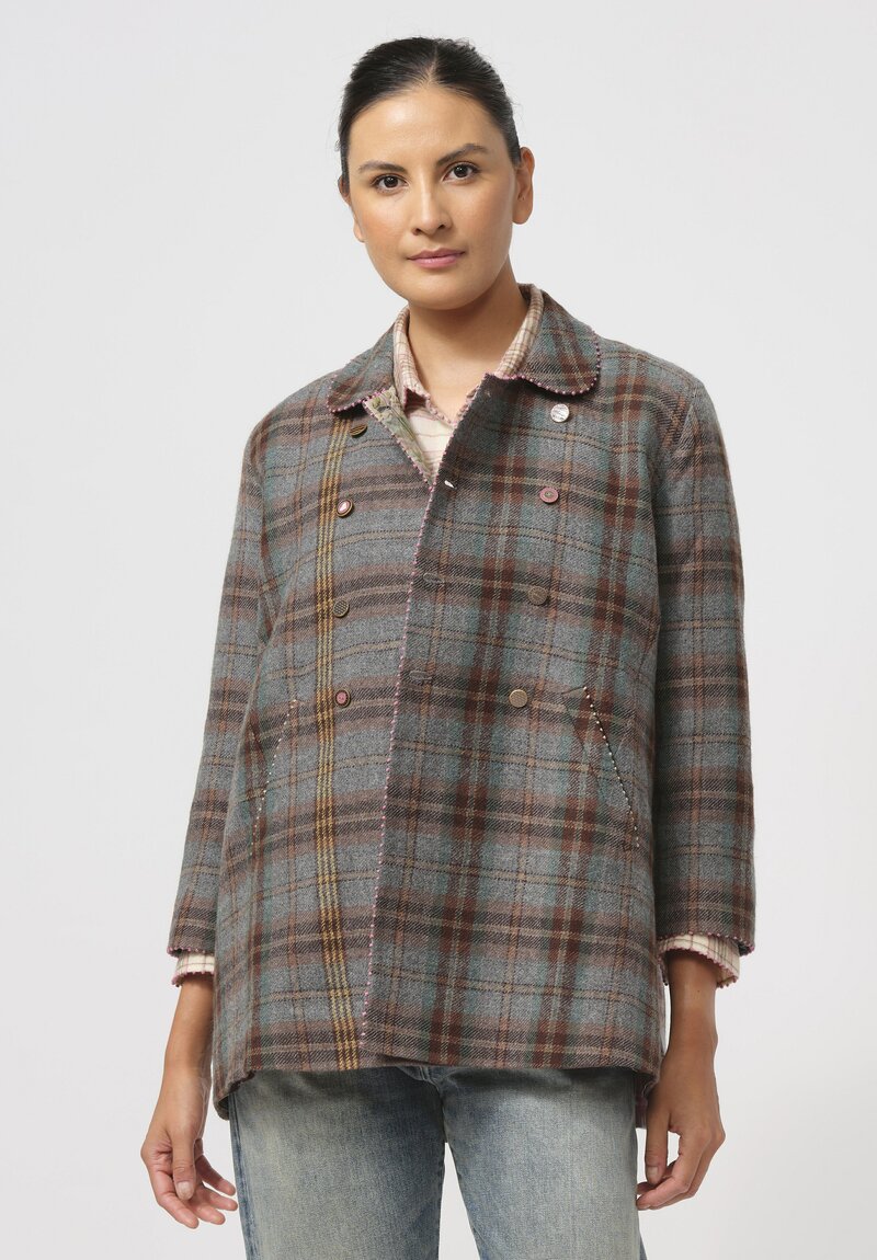 Péro Reversible Double-Breasted Jacket in Blue & Brown Plaid	