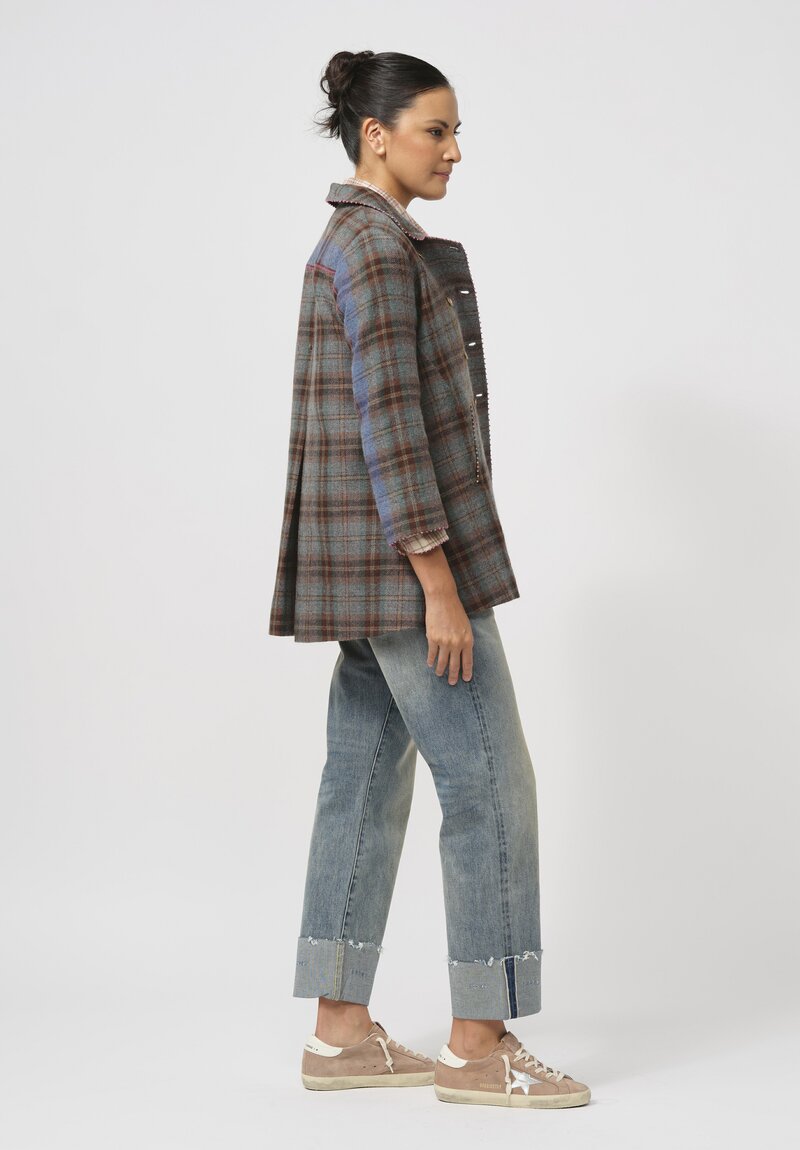 Péro Reversible Double-Breasted Jacket in Blue & Brown Plaid	