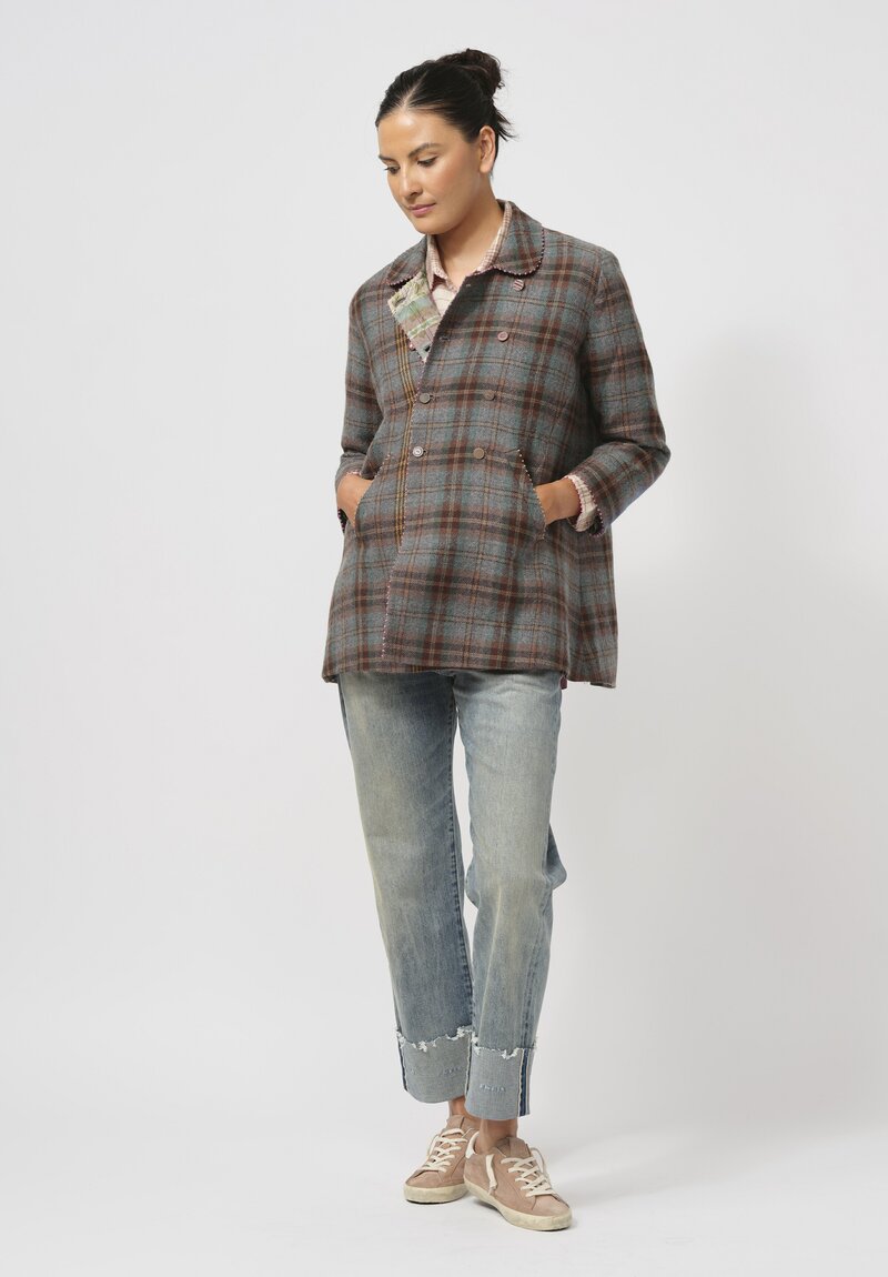 Péro Reversible Double-Breasted Jacket in Blue & Brown Plaid	