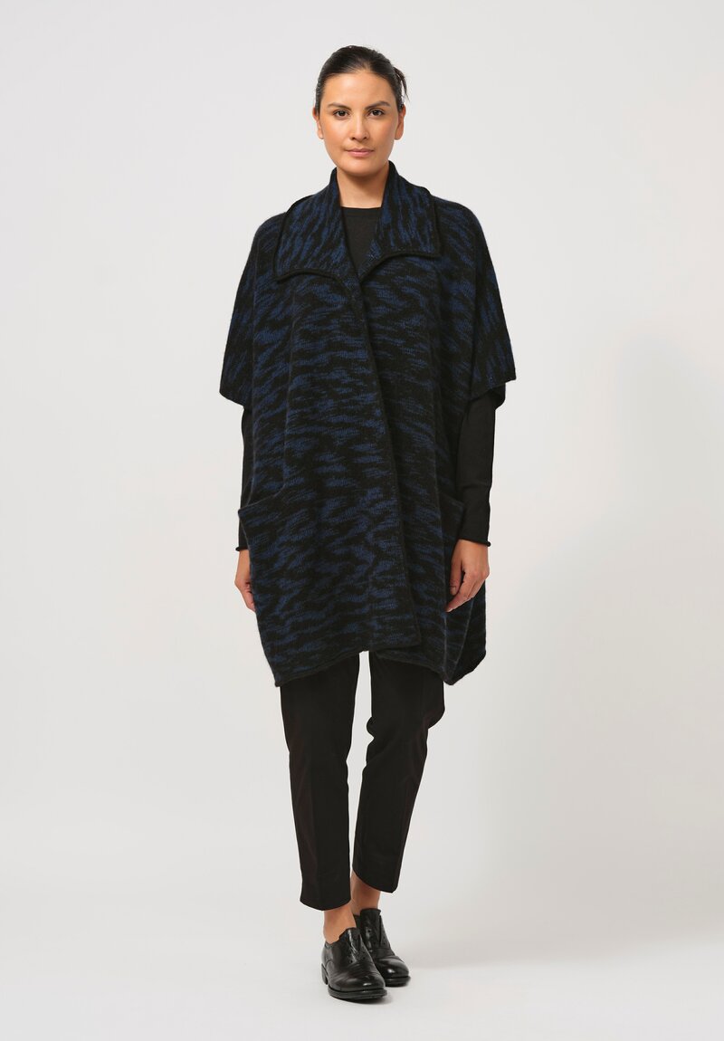 Lainey Keogh Hand-Knit Cashmere Point Collar Cape in Black & Indigo Blue	