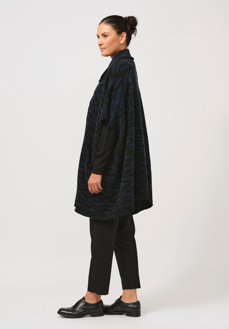 Lainey Keogh Hand-Knit Cashmere Point Collar Cape in Black & Indigo Blue	