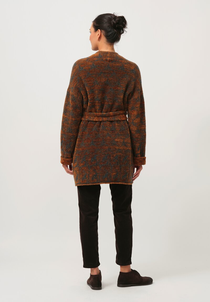 Lainey Keogh Hand-Knit Cashmere Belted Cardigan in Green & Copper Brown	