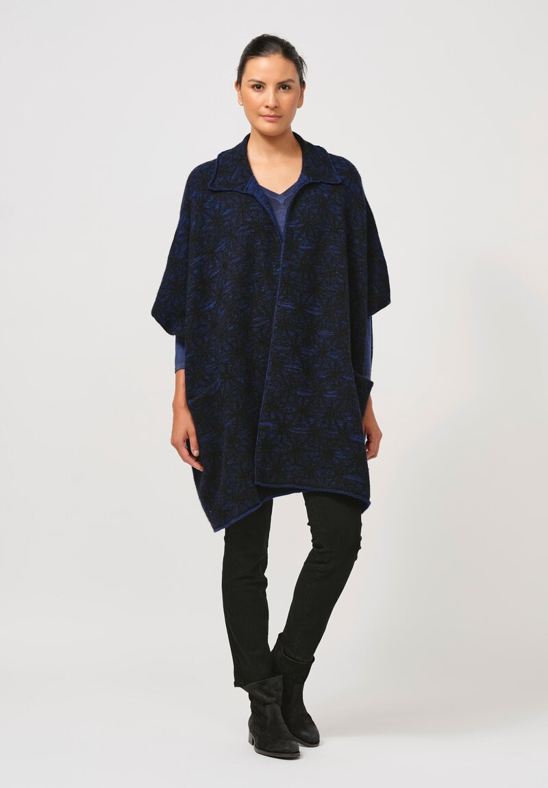 Lainey Keogh Hand-Knit Cashmere Point Collar Cape in Indigo & Navy Blue	