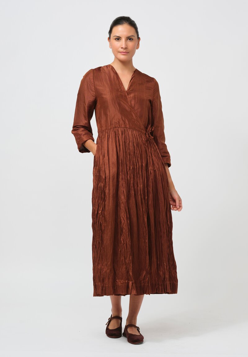 Christian Peau Gathered Silk Wrap Dress in Terracotta Brown	