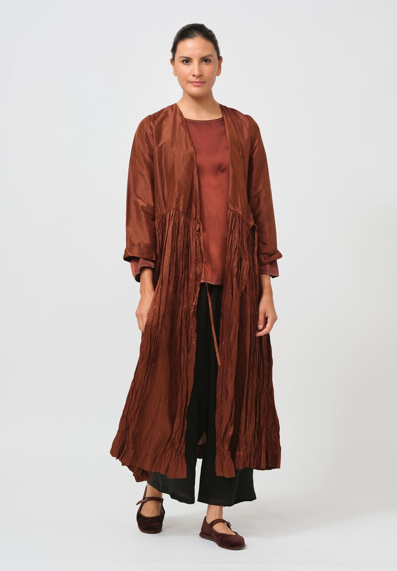 Christian Peau Gathered Silk Wrap Dress in Terracotta Brown	