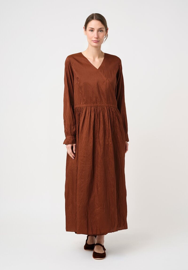 Christian Peau Gathered Silk Wrap Dress in Terracotta Brown	
