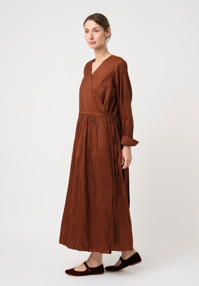 Christian Peau Gathered Silk Wrap Dress in Terracotta Brown	