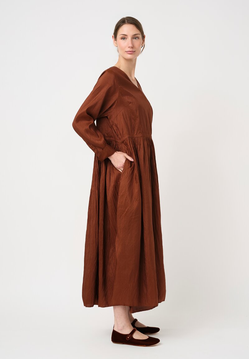Christian Peau Gathered Silk Wrap Dress in Terracotta Brown	
