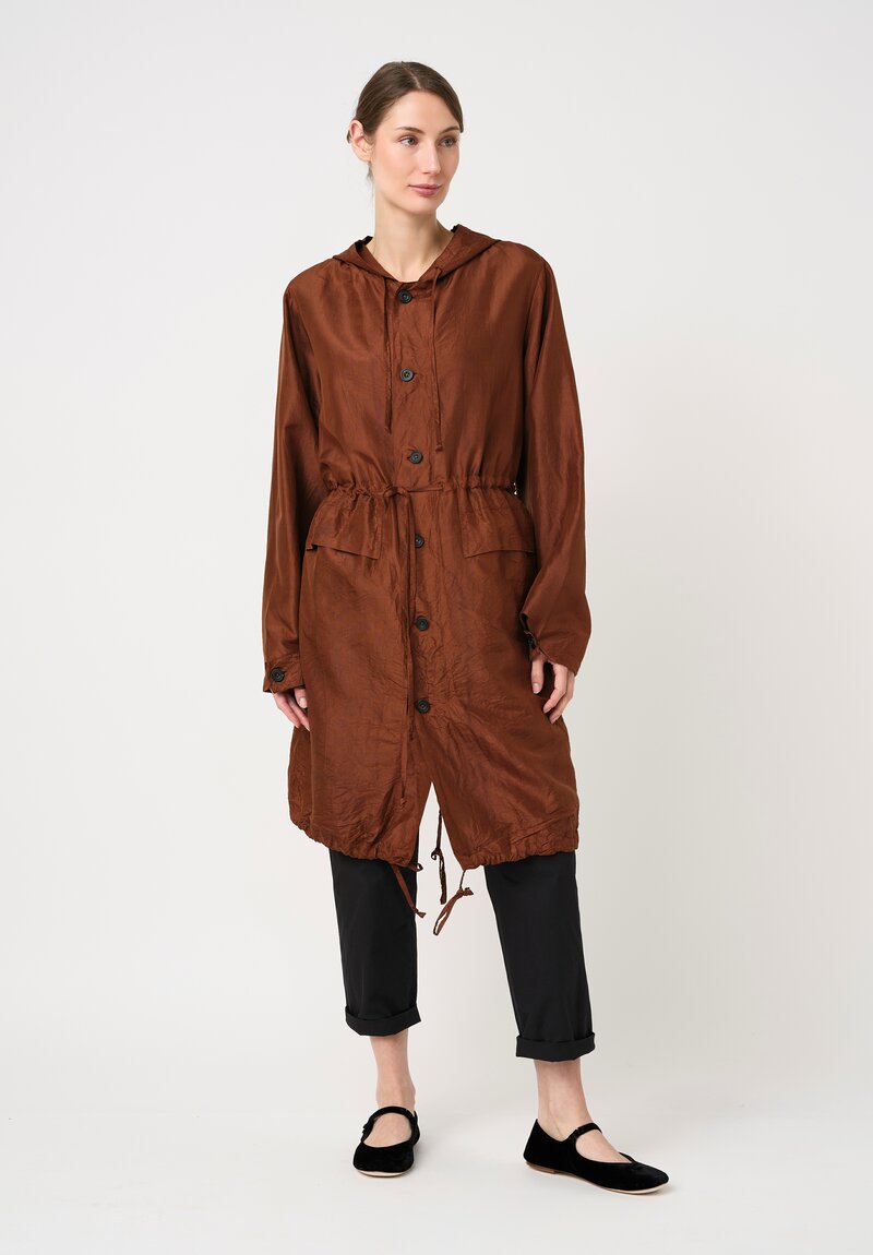Christian Peau Silk Parka Coat in Terracotta Brown