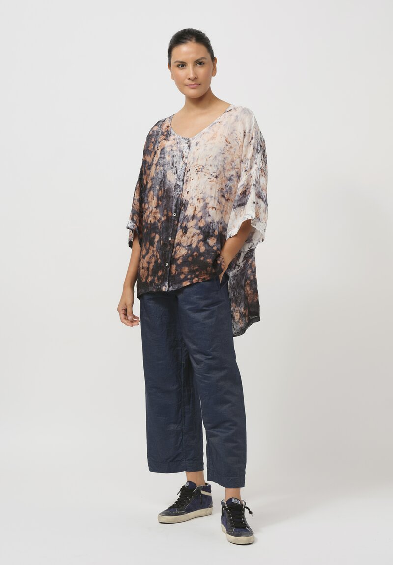 Gilda Midani Pattern-Dyed Linen Super Shirt in Deep Sea Black & Brown	