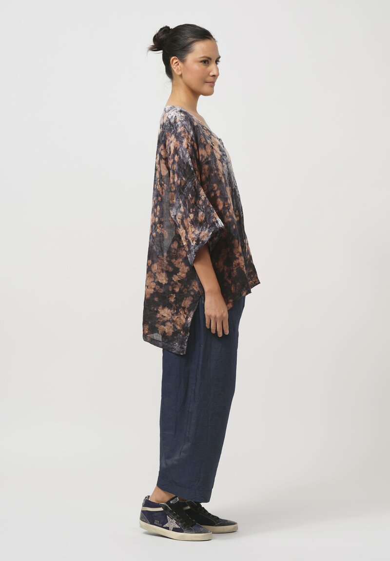 Gilda Midani Pattern-Dyed Linen Super Shirt in Deep Sea Black & Brown	