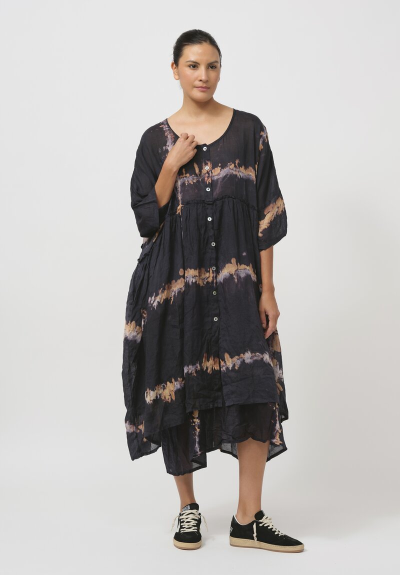 Gilda Midani Pattern-Dyed Linen Overdress in Burning Black & Brown	