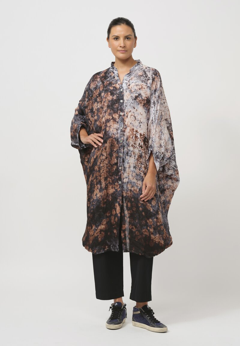 Gilda Midani Pattern-Dyed Linen Square Dress in Deep Sea Black & Brown	