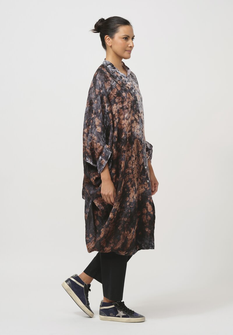 Gilda Midani Pattern-Dyed Linen Square Dress in Deep Sea Black & Brown	