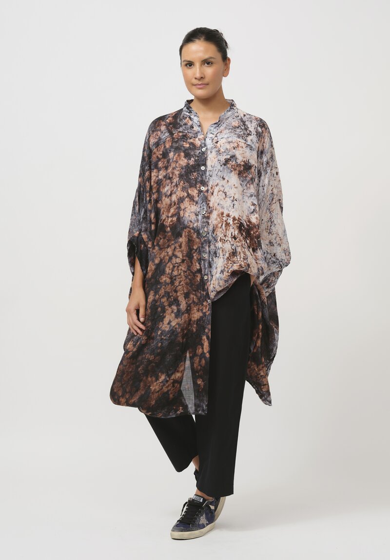 Gilda Midani Pattern-Dyed Linen Square Dress in Deep Sea Black & Brown	