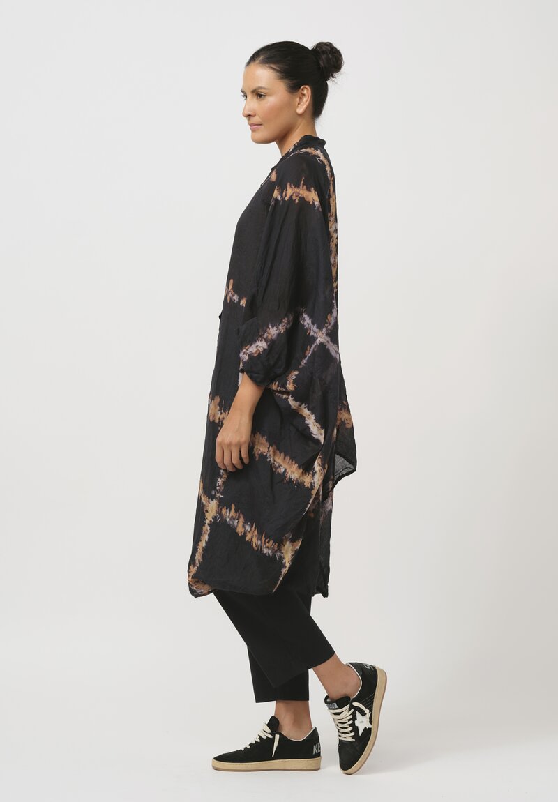 Gilda Midani Pattern-Dyed Linen Square Dress in Burning Black & Brown	